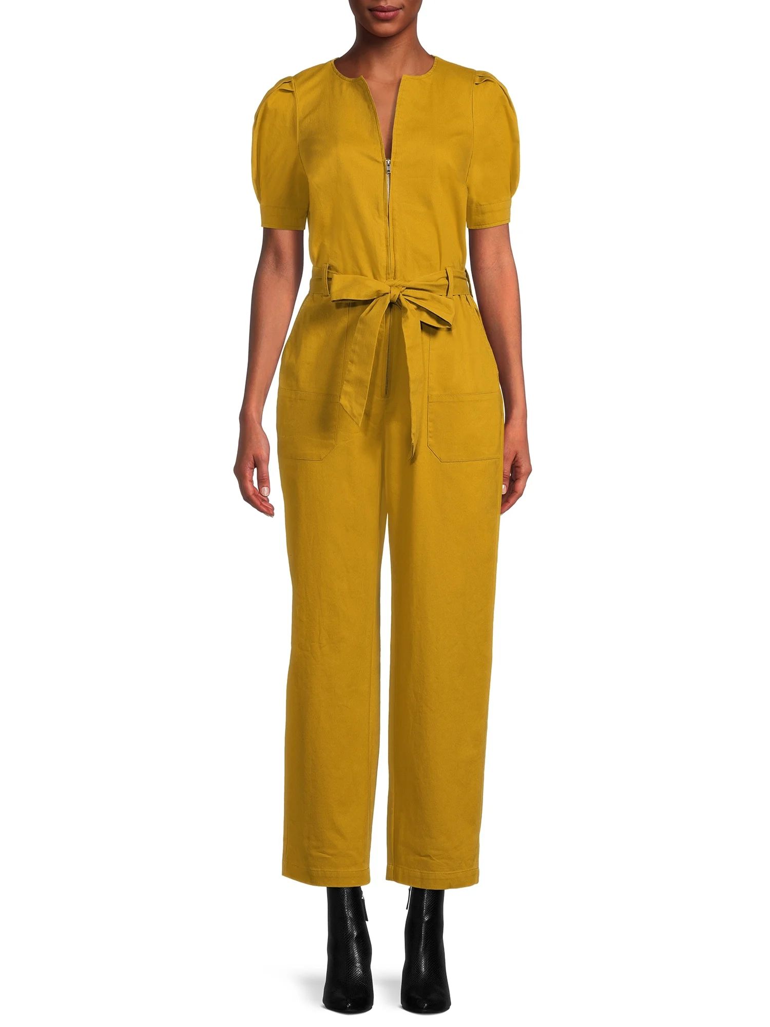 The Get Women's Short Sleeve Zip Front Jumpsuit with Tie | Walmart (US)
