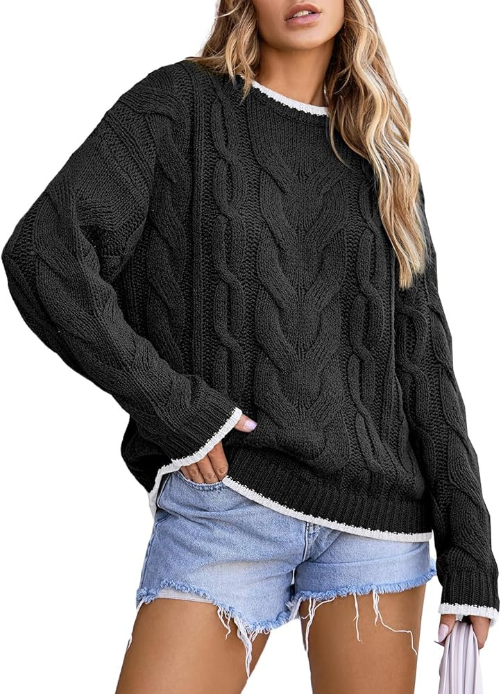 EVALESS Sweaters for Women Trendy Crewneck Long Sleeve Color Block Sweater Tops Fall 2024 Chunky ... | Amazon (US)