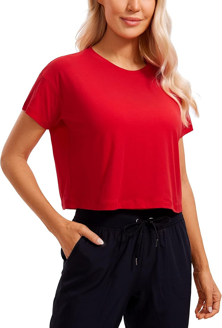 CRZ YOGA Women's Pima Cotton Workout Short Sleeve Shirts Loose Crop Tops Athletic Gym Shirt Casua... | Amazon (US)