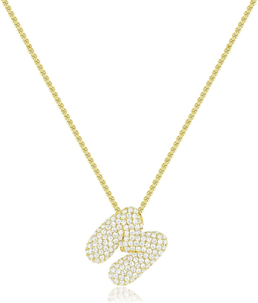 KissYan Bubble Letter Necklace, 14K Gold Plated Balloon Initial Pendant Box Chain Necklace Dainty... | Amazon (US)