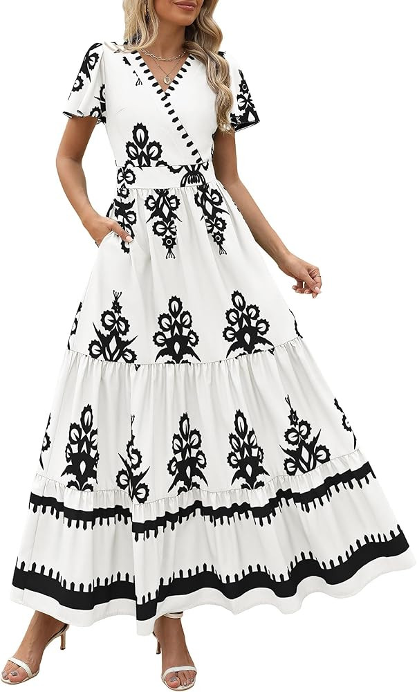 PRETTYGARDEN Womens 2026 Summer Flowy Maxi Dress Bell Short Sleeve Vneck Boho Aline Tiered Floral... | Amazon (US)
