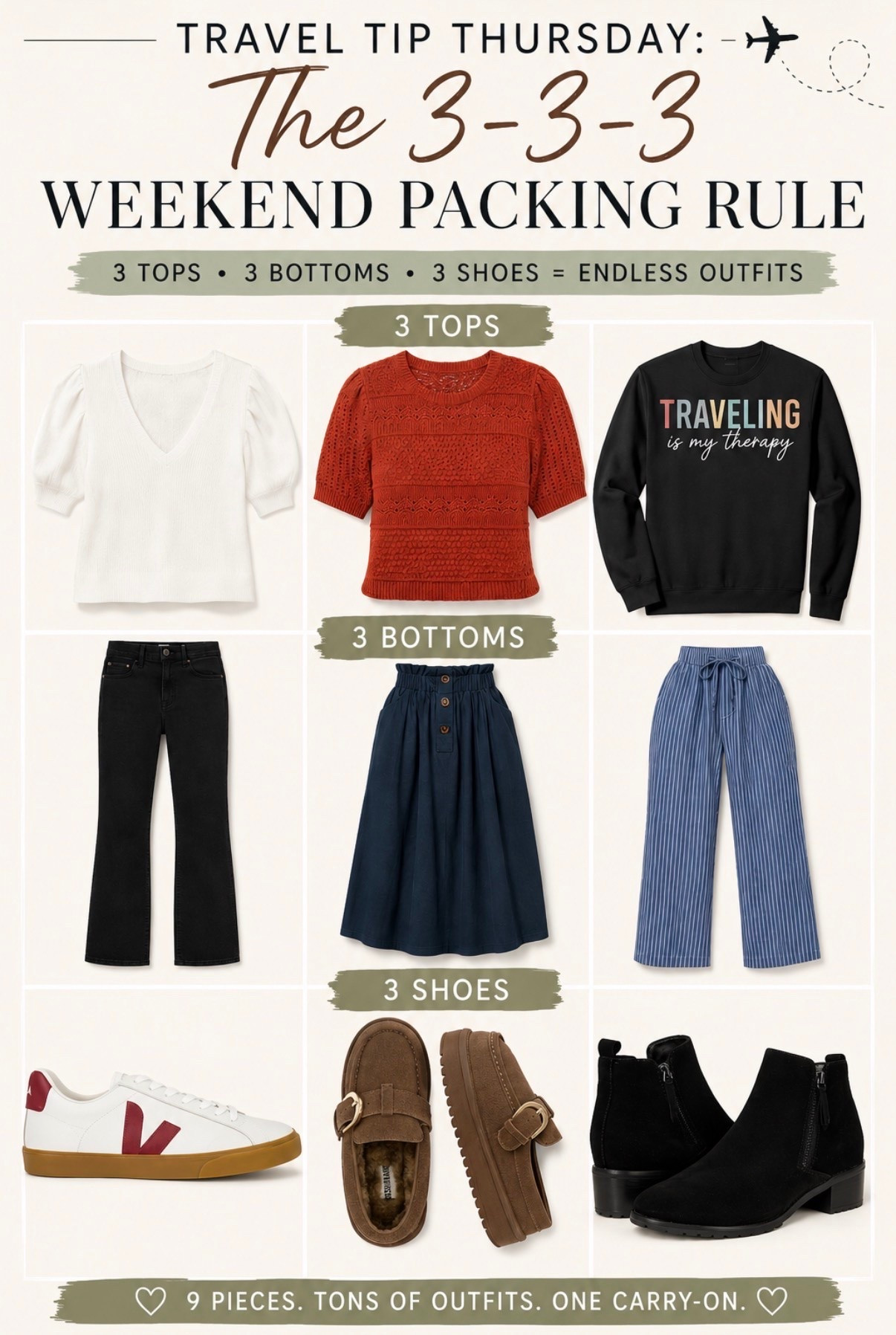 ✈️ TRAVEL TIP THURSDAY: Try the 3-3-3 Packing Rule!

Heading out for a long weekend? Skip the overstuffed suitcase and build a mini travel capsule instead:

👚 3 tops
👖 3 bottoms
👟 3 pairs of shoes

The secret? Make sure everything works together so you can mix, match and create multiple outfits without packing your entire closet.

I put together my 3-3-3 picks for an easy fall weekend getaway—plus a few of my favorite travel essentials to finish the bag.

Save this one for your next trip! 🧳🤎

#TravelTipThursday #WeekendPacking #PackingTips #TravelStyle #LTKTravel

#LTKTravel #LTKSeasonal #LTKdayinmylife