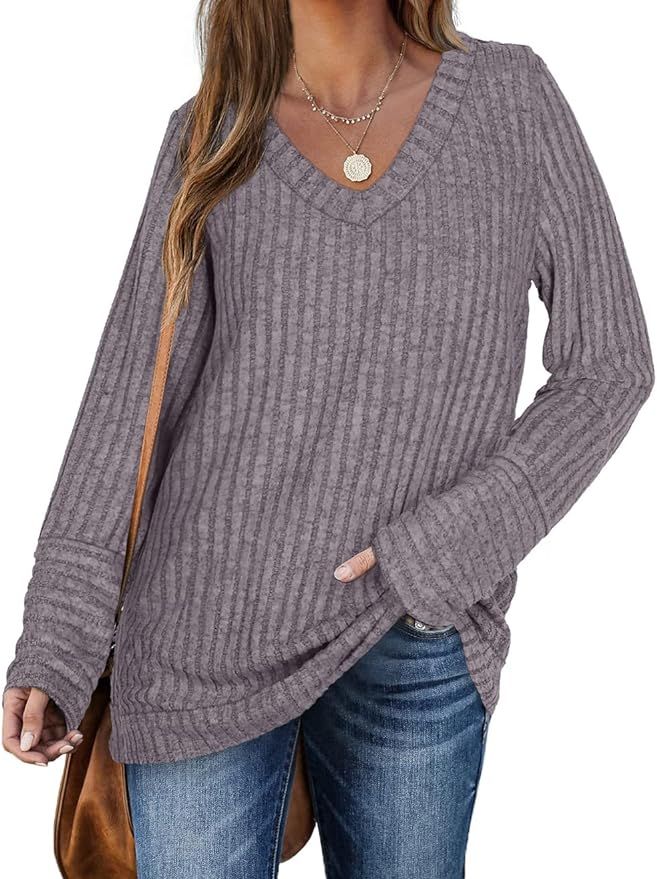 WIHOLL Sweaters for Women Long Sleeve V Neck Solid Color Fashion Tops | Amazon (US)