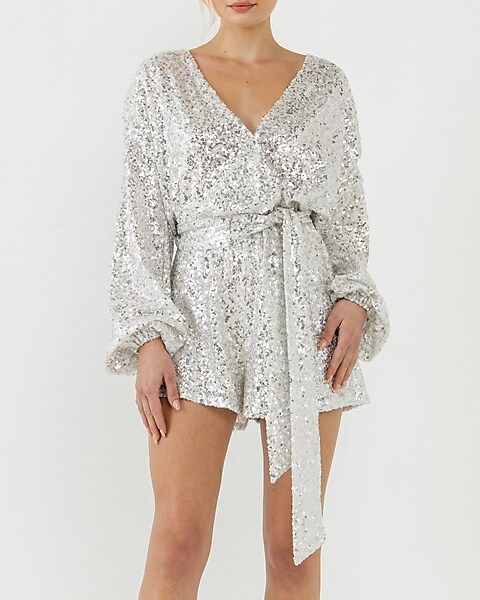 Endless Rose Sequins Belted Wrapped Romper | Express