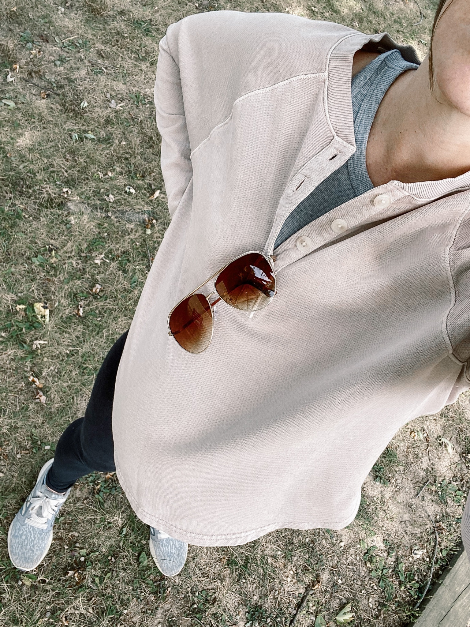 Fall outfit. Casual outfit. Henley. Henley sweatshirt. Pullover sweatshirt. Button sweatshirt. Bump friendly. Basic sweatshirt. Fall style. Fall basics. Maternity leggings. Neutral sweatshirt. 

#LTKfamily #LTKSeasonal #LTKbump