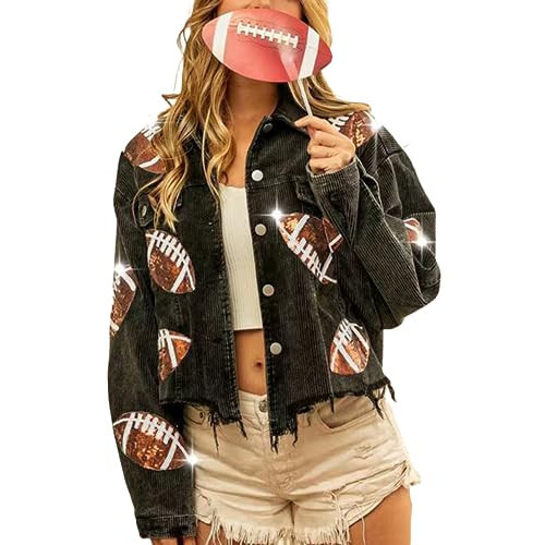 SeekMe Women Cropped Football Corduroy Jacket Sequin Rugby Patched Shacket | Amazon (US)