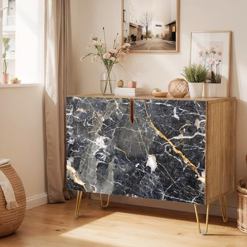 SIGNWIN Sideboard Buffet Cabinet, Kitchen Storage Cabinet with 2 Doors, Black & Gold Marble Granite Patterns, Cupboard Console Table for Dining Room - 35" L x 18" W x 29" H | Amazon (US)