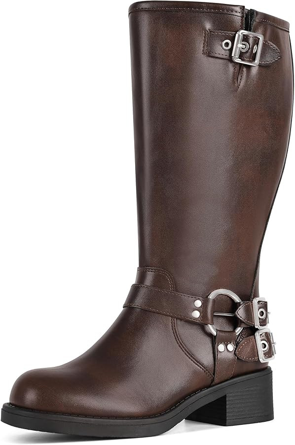AMINUGAL Wide Calf Knee High Boots for Women Square Toe Pull On Chunky Womens Buckle Moto Boots R... | Amazon (US)