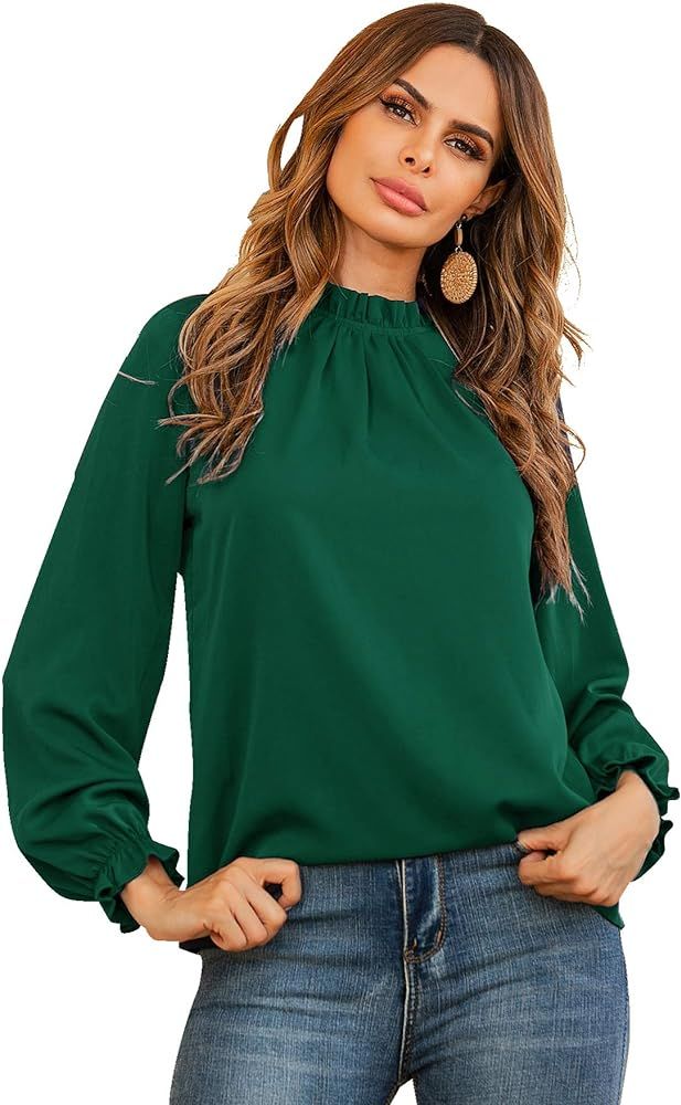 LYANER Women's Frill Mock Neck Flounce Long Sleeve Solid Blouse Office Shirt Top | Amazon (US)