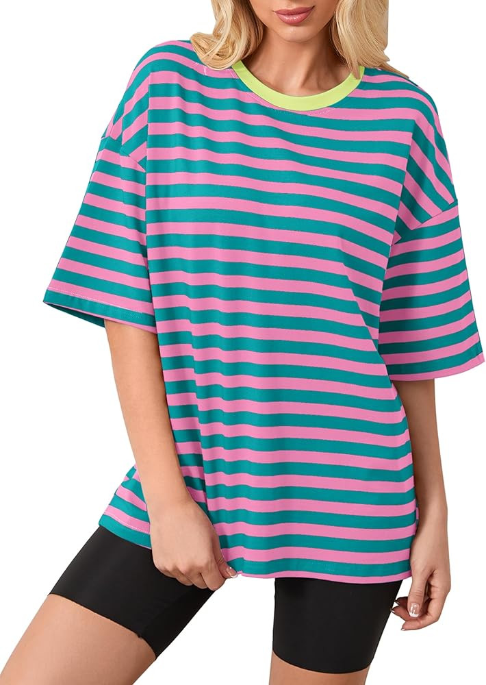 Women Oversized Striped Short Sleeve T-Shirts Color Block Crew Neck Basic Shirt Casual Summer Tee... | Amazon (US)