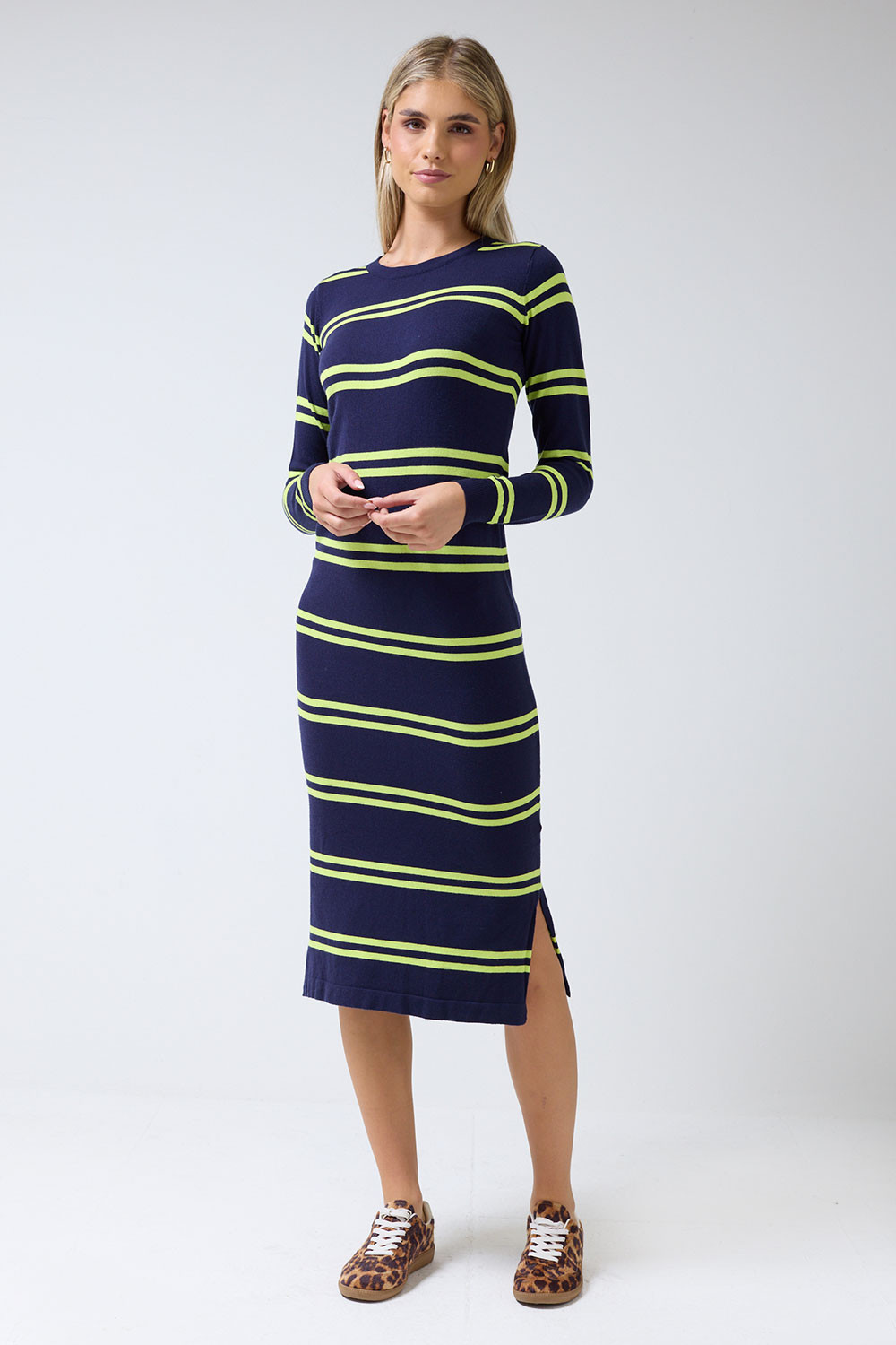 Liselle Green Stripes Long Sleeve Midi Knit Dress in Navy | iCLOTHING