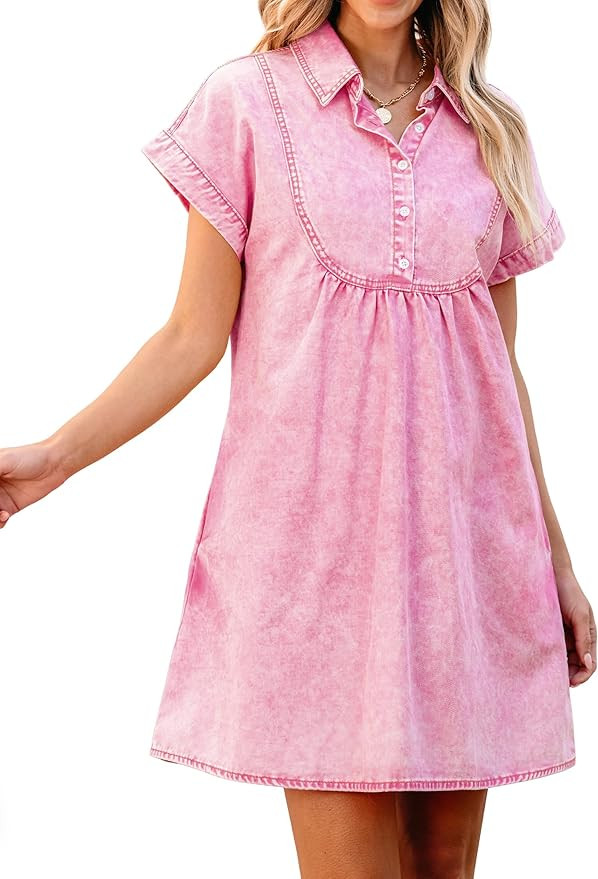 luvamia Denim Dress for Women Summer Short Sleeve Button Down Collared Pleated Western Jean Dress... | Amazon (US)