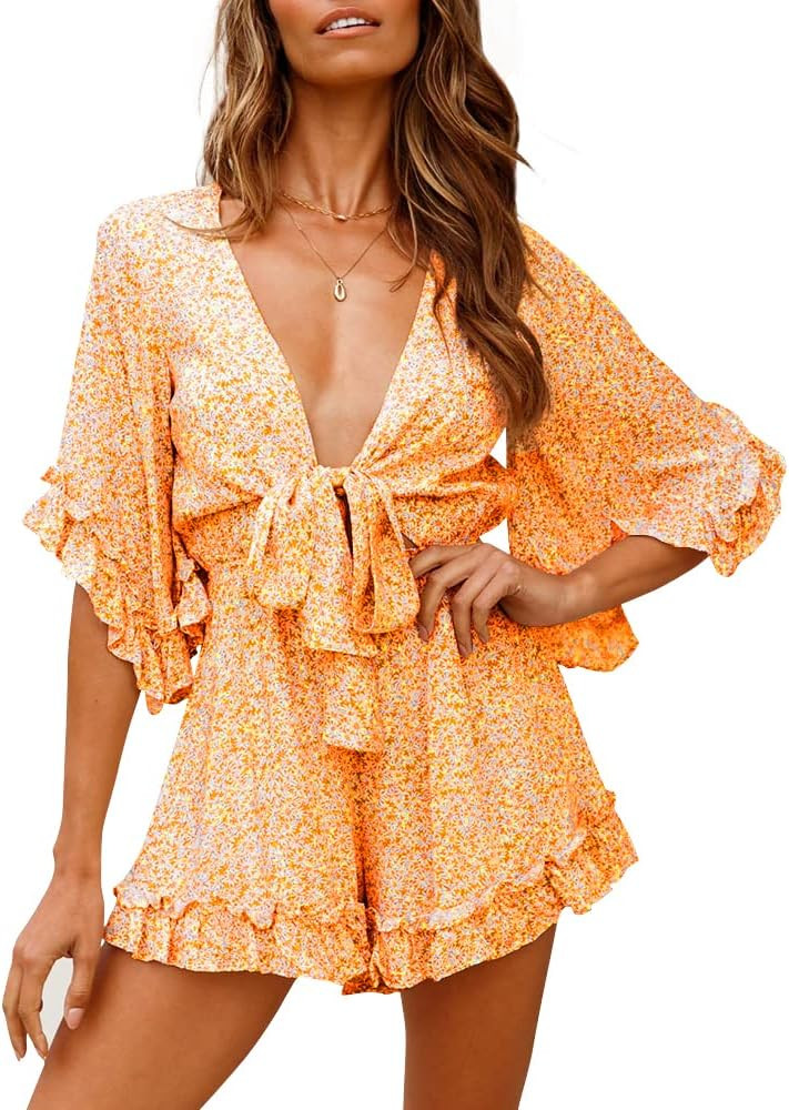 imesrun Womens Deep V Neck Playsuits Elastic Waist Floral Ruffle Summer Jumpsuit Rompers | Amazon (US)