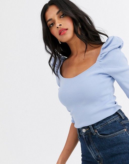 River Island puff sleeve knitted top in blue | ASOS US