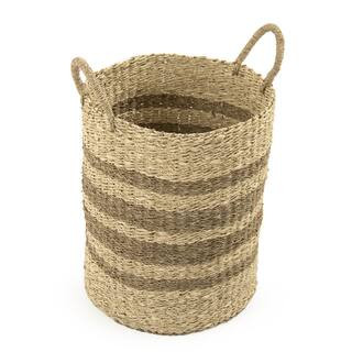 Zentique Cylindrical Handmade Woven Wicker Seasgrass Palm Leaf Wire Medium Basket with Stripes an... | The Home Depot