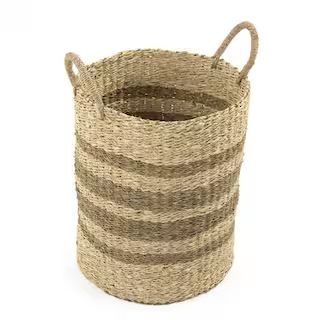 Zentique Cylindrical Handmade Woven Wicker Seasgrass Palm Leaf Wire Medium Basket with Stripes an... | The Home Depot