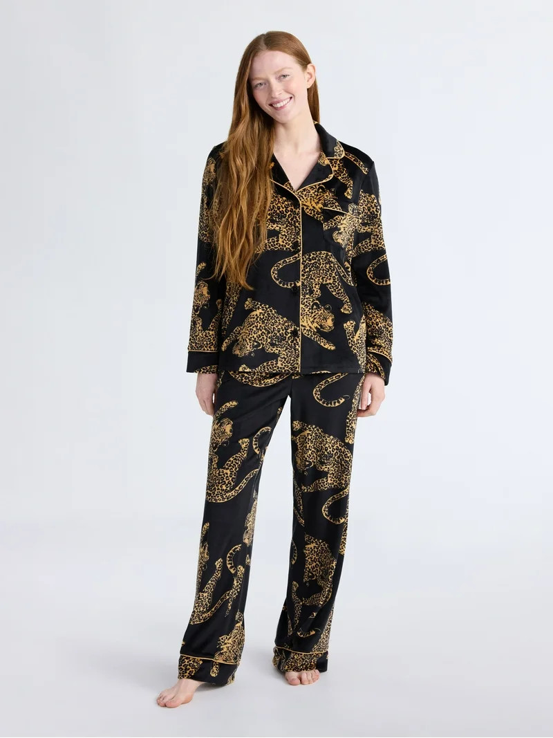 Joyspun Women’s Stretch Velour Notch Collar Long Sleeve Pajama Set, Sizes XS to 4X | Walmart (US)