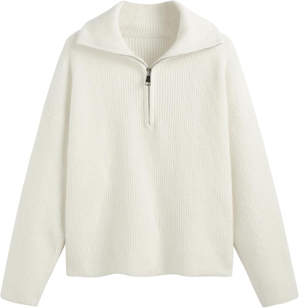 CIDER Quarter Zip Pullover Sweaters for Women Trendy V Neck Long Sleeve Fall Sweaters Solid Knit ... | Amazon (US)