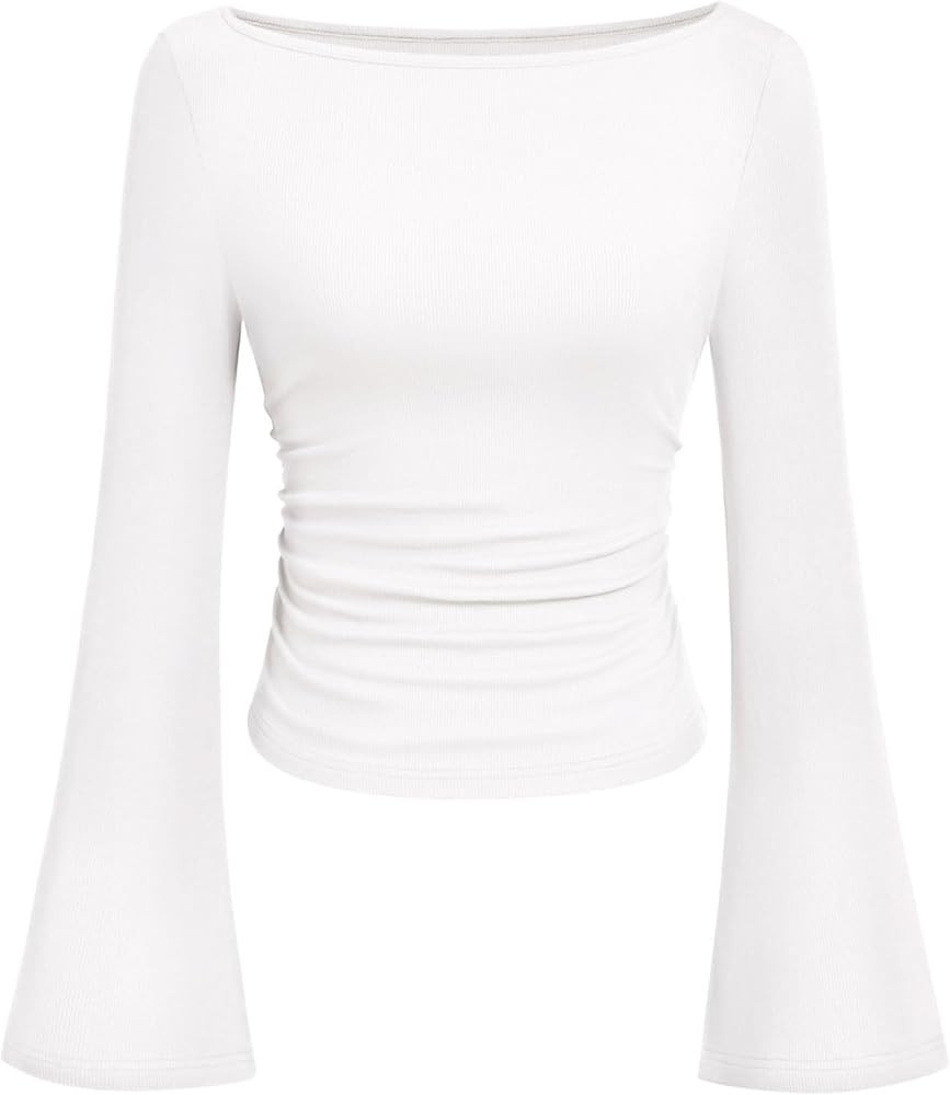 PRETTYGARDEN Women's Long Sleeve Shirts 2025 Fall Crop Going Out Tops Casual Boat Neck Bell Sleev... | Amazon (US)