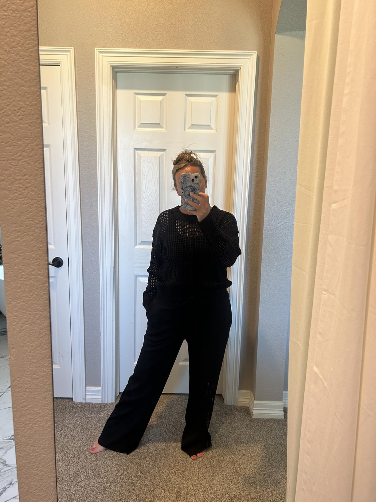 ANRABESS Womens 2 Piece Outfits Crochet Sheer Knit Sweater Top Wide Leg Pants Lounge Sets Sweatsu... | Amazon (US)