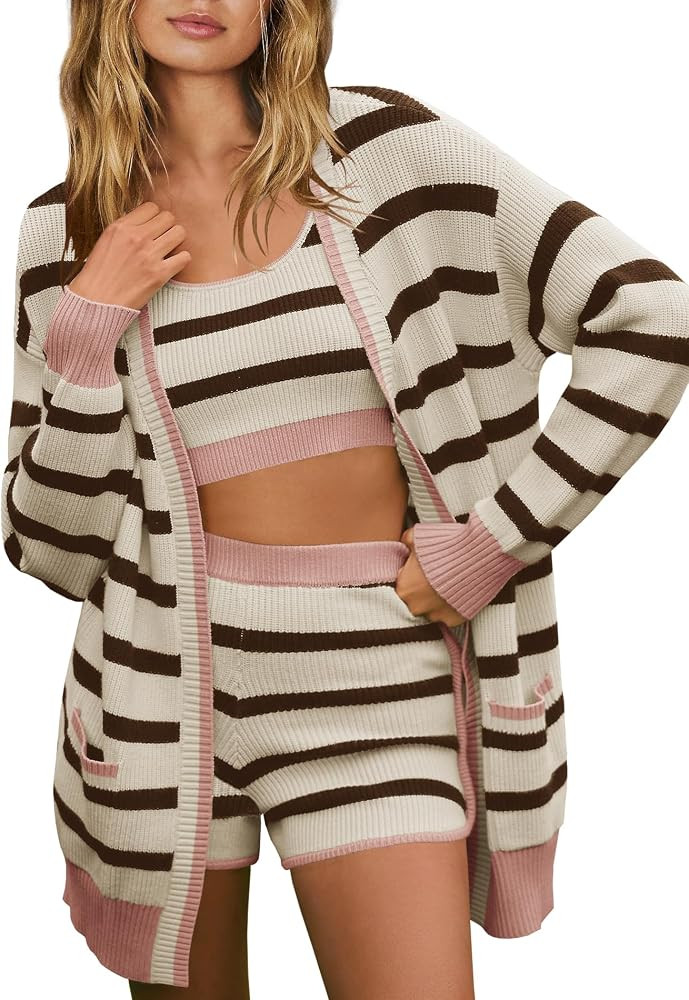 SENSERISE Womens Striped Sweater Sets 3 Piece Lounge Set Crop Top Shorts Knit Set Cardigan with P... | Amazon (US)