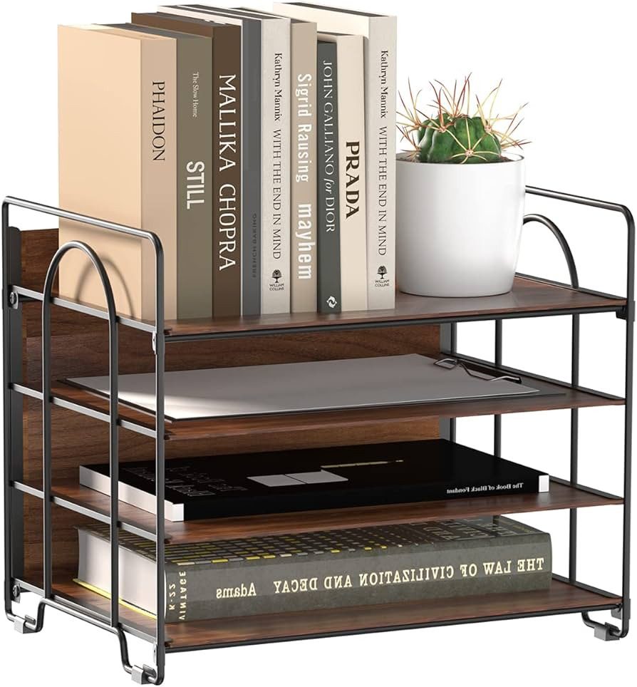 LUCYCAZ 4 Tier Paper Organizer for Desk - Wood Desk Organizer, Metal Paper Tray Organizer for Des... | Amazon (US)