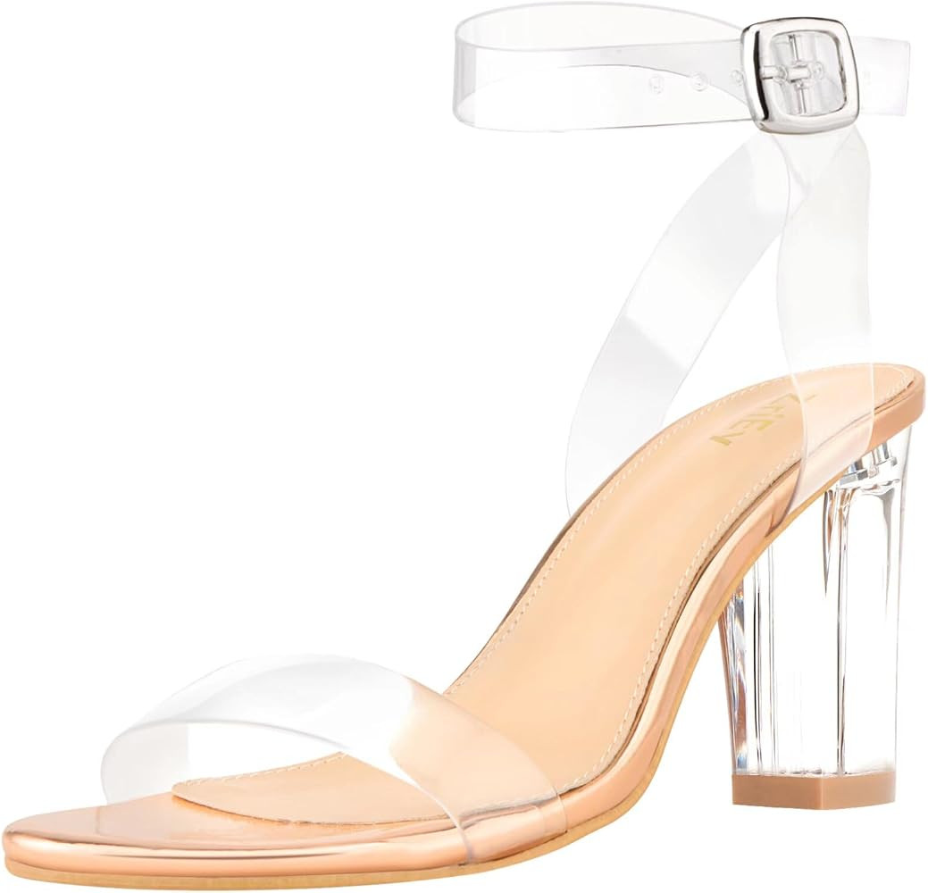 ZriEy Clear Block Sandals Chunky Heels for Women 3.35 Inch Open Toe Adjustable Ankle Strap Pump S... | Amazon (US)