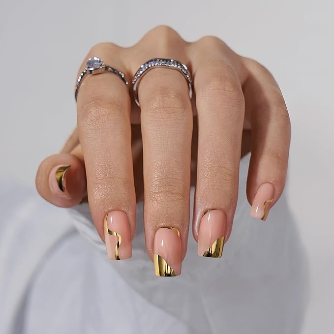 BTArtbox Press On Nails Short Square - Christmas Gold Designed Press On Nails, Winter Glue On Nai... | Amazon (US)