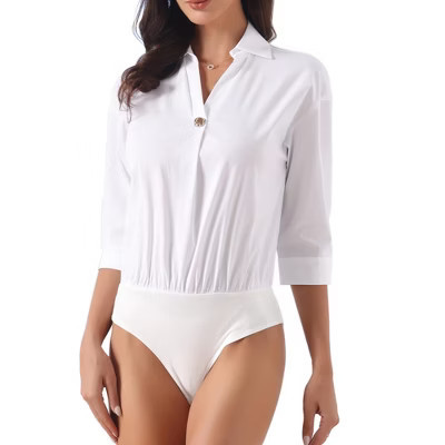 INSPIRE CHIC Women's Business Casual 3/4 Sleeve Collared Work Office Leotard Bodysuit X-Small White | Target