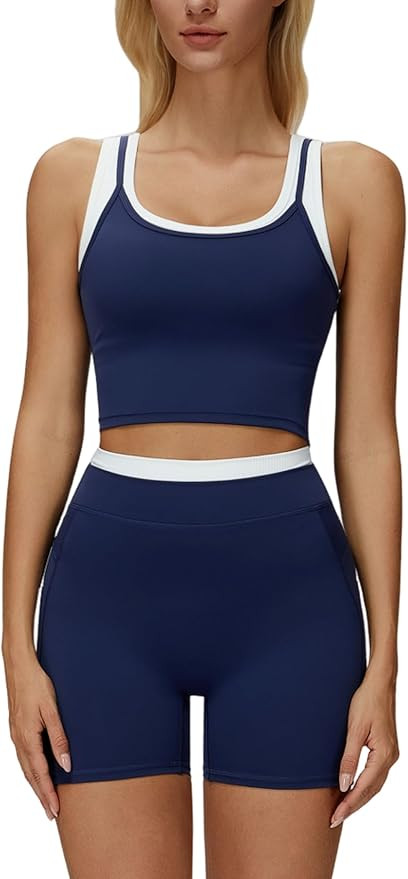 Women 2 Piece Workout Sets Racerback Color Block Tank Top High Waist Tummy Control Shorts Yoga Ou... | Amazon (US)