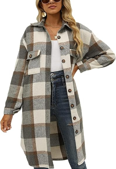 HangNiFang Women's Long Plaid Shacket Jacket Oversized Button Down Shirts Winter Warm Pea Coat | Amazon (US)
