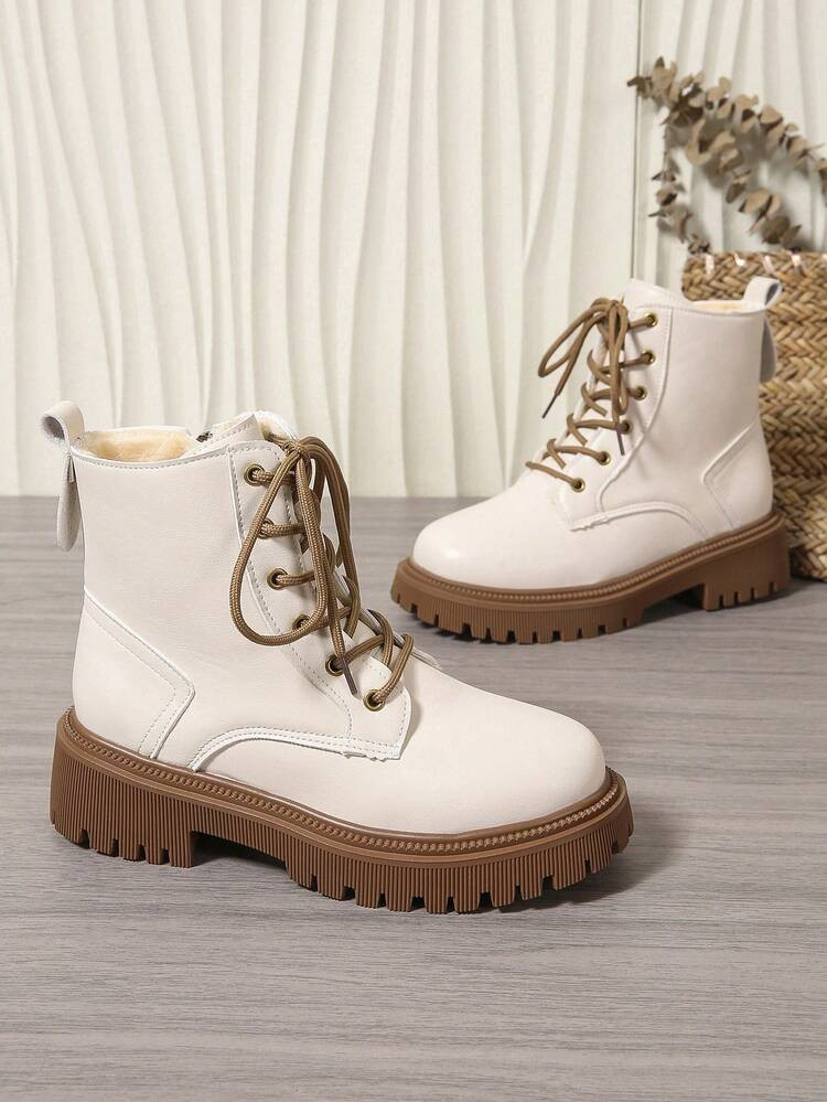 Women's 2025 Winter New Warm Boots, Fashion Versatile Casual Shoes, Leather Ankle Boots With Lace-Up And Zipper, Black And White Short Boots | SHEIN