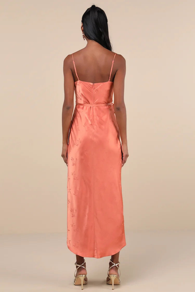 Sophisticated Sight Peach Satin Jacquard Cowl Midi Dress | Lulus