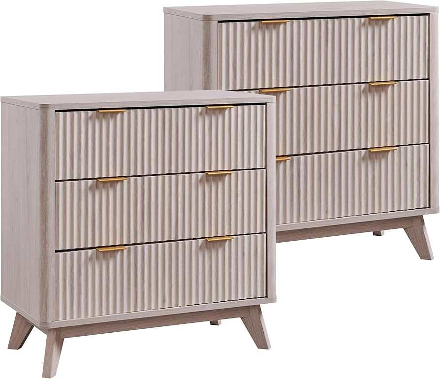 T4TREAM Fluted 3 Drawers Nightstand Set of 2, Oversized Extra Large Modern Side Table, End Table ... | Amazon (US)