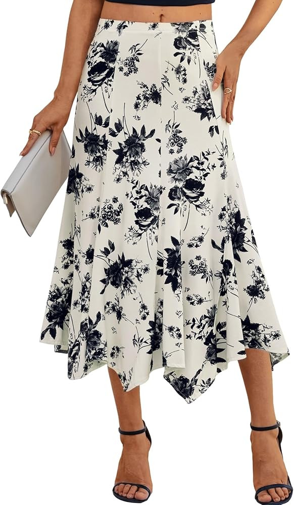 BAISHENGGT Womens Summer Casual Floral Flowy Skirts Elastic High Waisted Asymmetrical A-Line Drap... | Amazon (US)