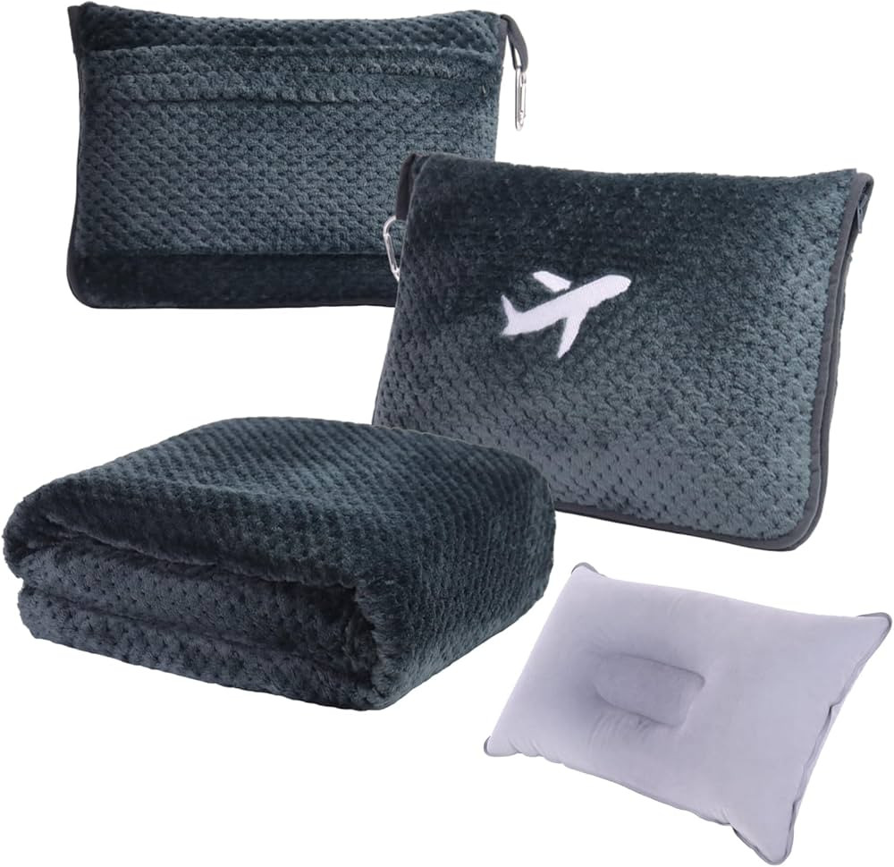 3 in 1 Travel Blanket Pillow Set - 350 GSM Thick Travel Blanket Airplane Compact with Bag, Soft B... | Amazon (US)