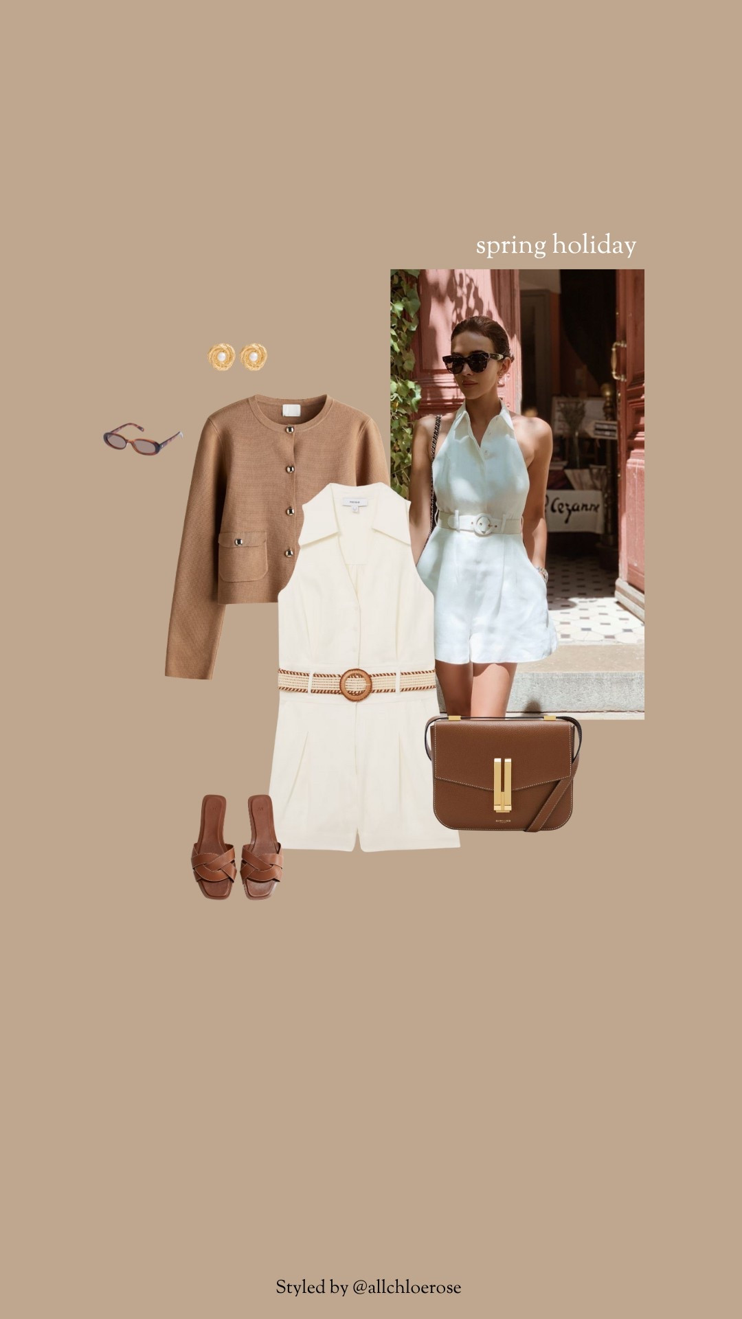 Spring holiday outfit idea: linen playsuit, brown cardigan, tan bag and tan sandals 

#LTKstyletip #LTKspring #LTKsummer