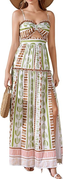 Parthea Summer Boho Floral Maxi Dress | Ruffle Cutout Bow High Slit Sundress Spaghetti Strap Flow... | Amazon (US)