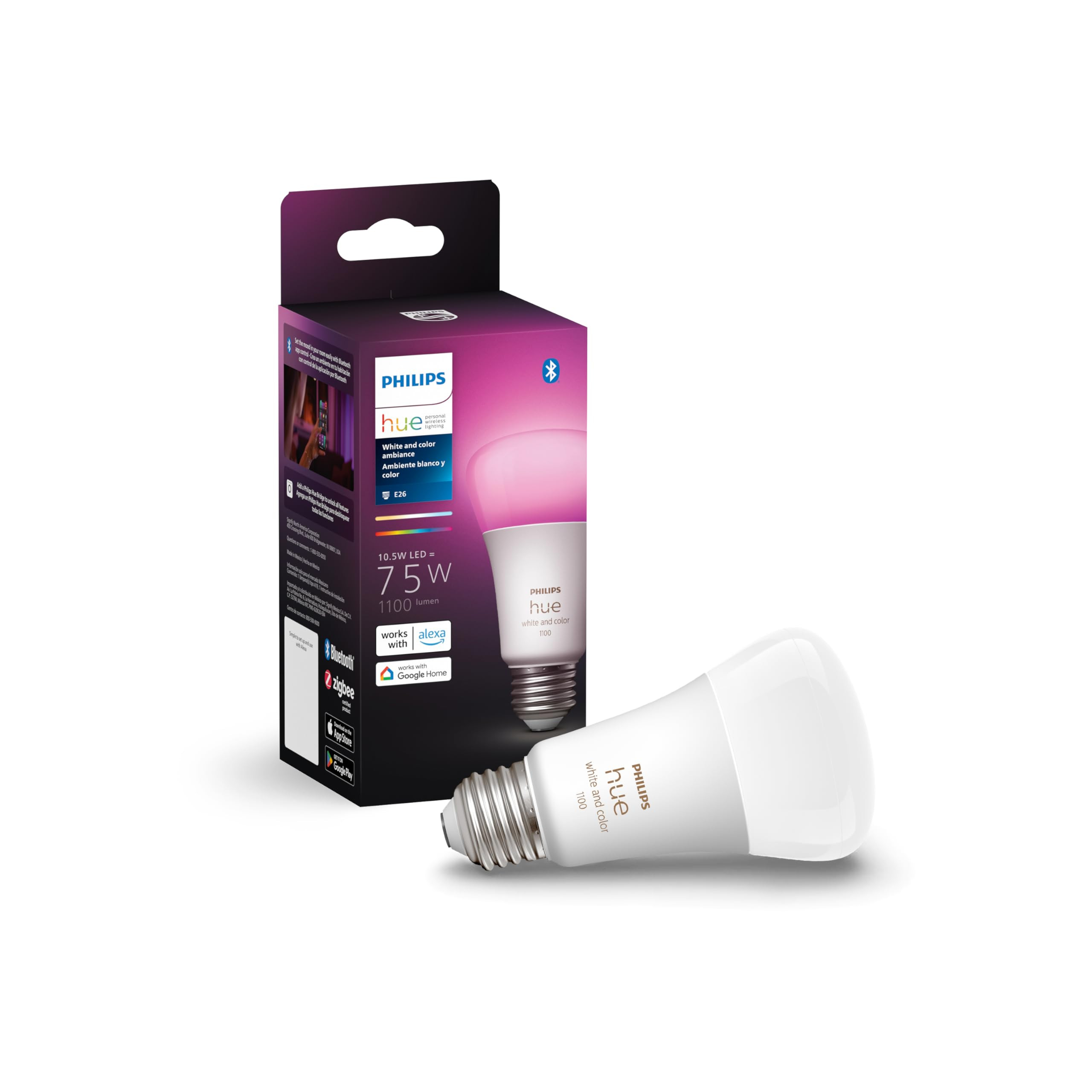 Philips Hue Smart 75W A19 LED Bulb - White and Color Ambiance Color-Changing Light - 1 Pack - 110... | Amazon (US)