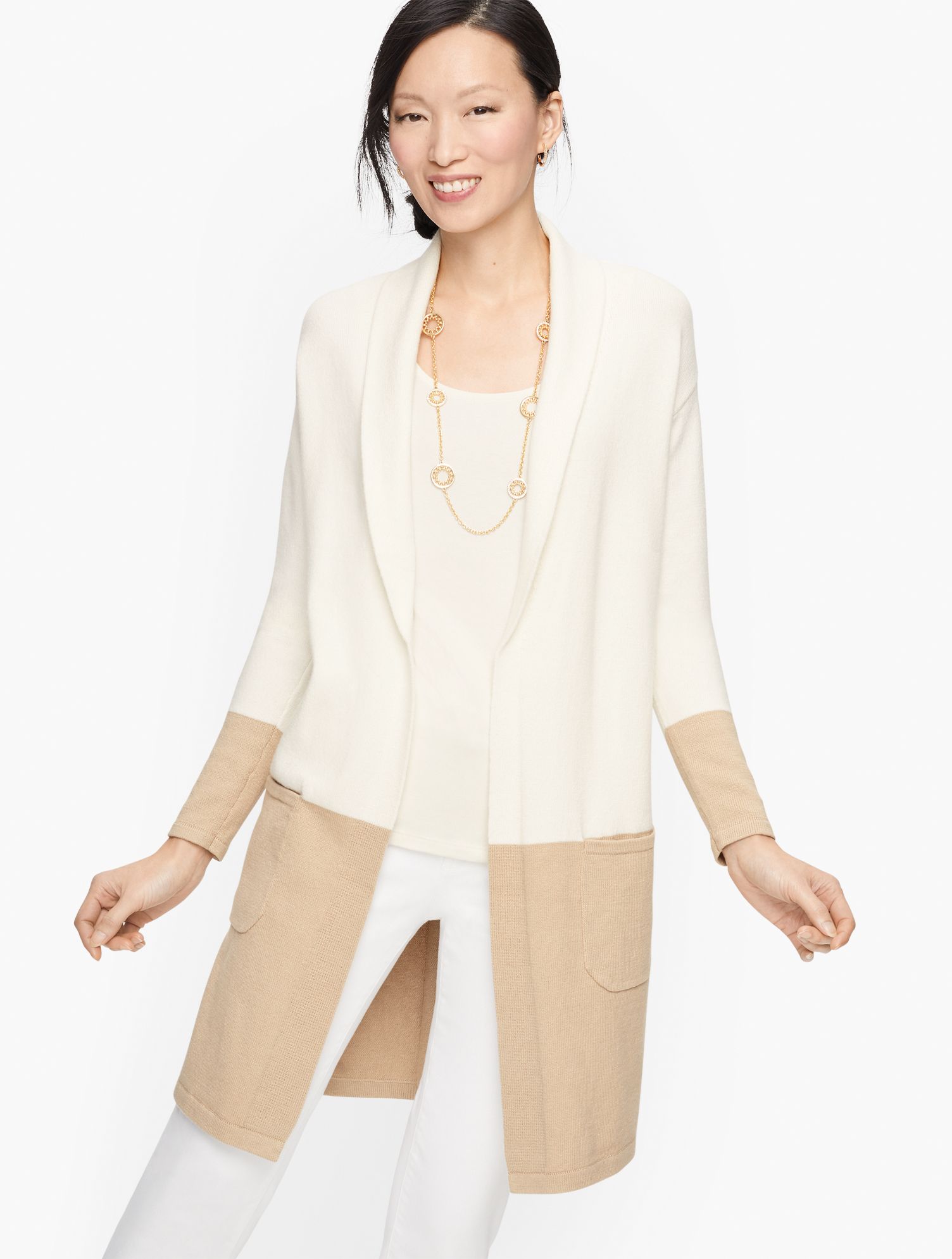 Shawl Collar Duster Cardigans - Colorblock - Ivory - Medium Talbots | Talbots