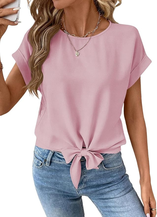 EVALESS Womens Tops Summer Cap Sleeve Tie Front Shirts 2026 Business Casual Work Blouses | Amazon (US)