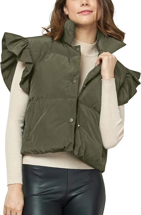 Himosyber Womens Cropped Puffer Vest Ruffle Sleeve Button Down Jacket Stand Collar Winter Warm Pa... | Amazon (US)