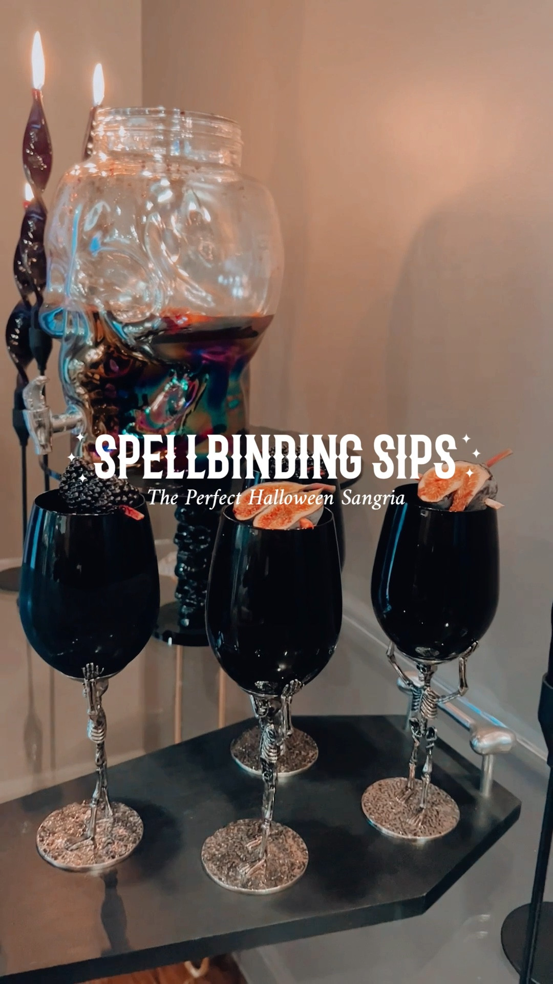 As the bewitching season approaches, I'm eager to uplift your Halloween soirées with a libation that's both chic and eerie. Get ready for an exclusive Blackberry Sangria, a drink that's not only sumptuous to taste but also an aesthetic masterpiece, perfectly suited for the spookiest night of the year. Ingredients for Blackberry Simple Syrup:
- 1 1/2 cups fresh or frozen blackberries 
- 1 cup granulated sugar
- 1 cup water
Ingredients for Sangria:
- 2 (750ml) bottles of high-quality red wine, Cabernet in my case
- 1 cup Chambord
- 1 cup blackberry simple syrup
- 1 cup fresh or frozen blackberries
- 1 cup fresh figs
- 2 blood oranges, sliced
Execution for Blackberry Simple Syrup:
1. In a small saucepan, blend the blackberries, sugar, and water. Simmer over medium heat.
2. Mash the berries gently for about 10-15 minutes, ensuring the sugar is fully dissolved.
3. Strain the mixture to isolate the syrup and let it cool.
Execution for Sangria:
1. Combine your red wine, brandy, Chambord, and blackberry syrup in your skull drink dispenser or an elegant pitcher. Stir until harmonized.
2. Add in the fruit, and slices of blood orange. Allow it to infuse for at least 2 hours; the patience pays off.
3. Serve adding fruit to the glasses, and ice if you like. 
Voilà - a Halloween Blackberry Sangria that's as captivating as it is tasteful. It's more than a drink; it's a full-bodied experience for the senses, designed for those who appreciate the finer details in life. 
Until our next dark and sparkling gathering, stay bewitchingly brilliant! 🎃

#LTKHoliday #LTKVideo #LTKSeasonal