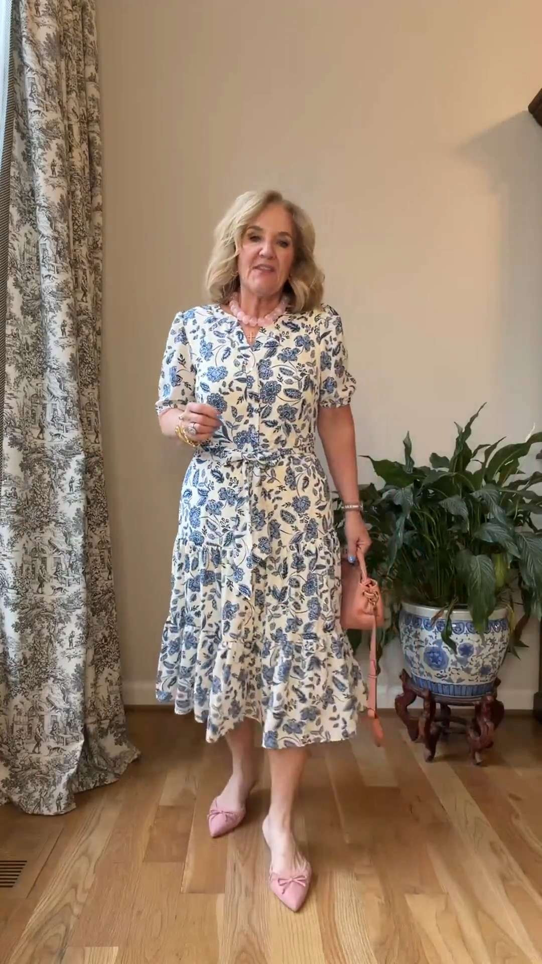 Walmart dress is just lovely. A pretty blue and cream print. I'm wearing a size 8. Perfect for more casual weddings, baby and bridal showers, easter sunday and more! And get the cute accessories! 

 

#LTKSeasonal #LTKOver40 #LTKPetite