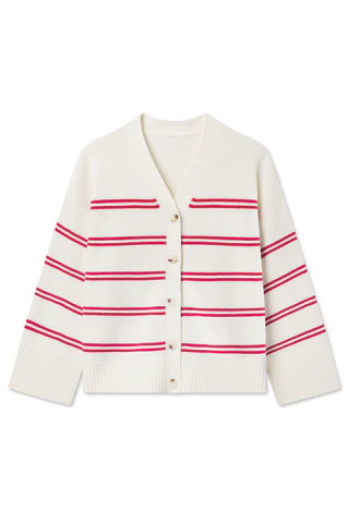 Nora Cotton Cardigan in Ivory Red Stripe | Lake Pajamas
