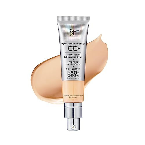IT Cosmetics CC+ Cream (Light Medium) - Natural Full Coverage Foundation With SPF 50+, Color Corrector & Anti-Aging Hydrating Serum, Hyaluronic Acid + Peptides, Lightweight - 1.08 fl oz | Amazon (US)