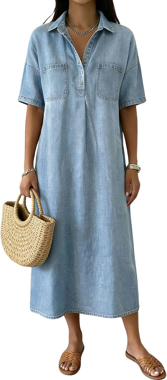 chouyatou Women's Distressed Button Up Denim Polo Shirt Dress Short Sleeve Casual Loose Pleated Jean Midi Long Dress | Amazon (US)