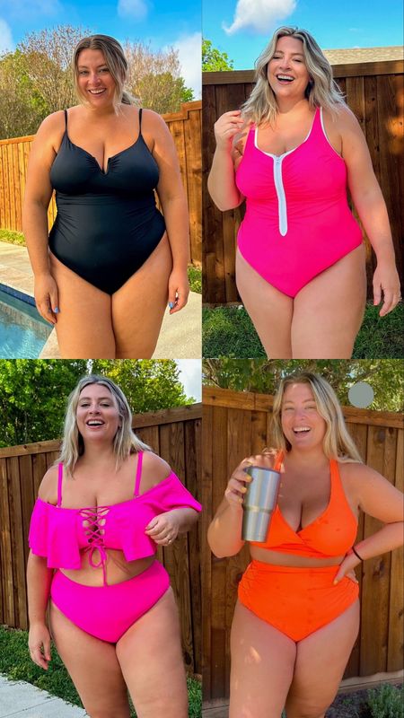Wearing XL or size 14 (pending their label system) in each swimsuit. Black one piece is so chic! Pink one piece gives a fun sporty vibe. The orange bikini is one I reach for when doing active things. Pink bikini sleeves can be pulled down to your side if the ruffles get in your way. Amazon swim, Walmart swim. Bathing suits around $30. Plus size, mid size, straight size options   

#LTKPlusSize #LTKMidsize #LTKSwim