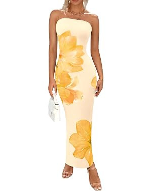 PRETTYGARDEN Women Summer Strapless Maxi Dress Bodycon Floral Sexy Long Wedding Guest Dress Forma... | Amazon (US)