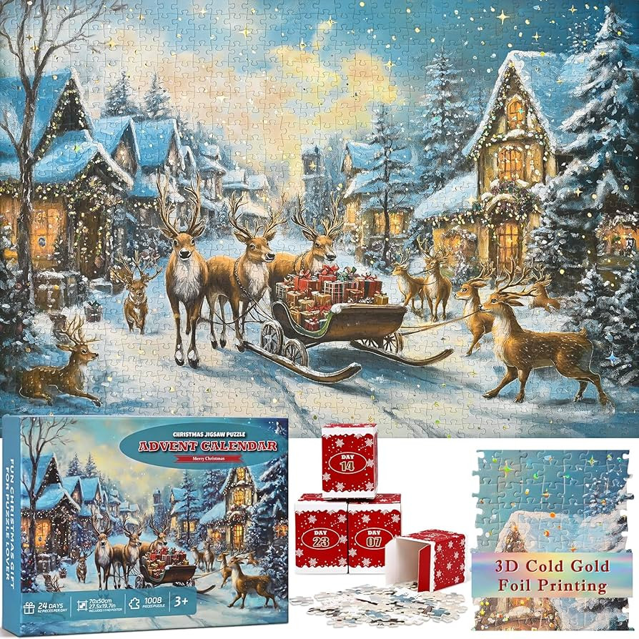 3D Cold Gold Foil Printing Advent Calendar 2024 Christmas Puzzles for Adults, Deer gift giving sc... | Amazon (US)